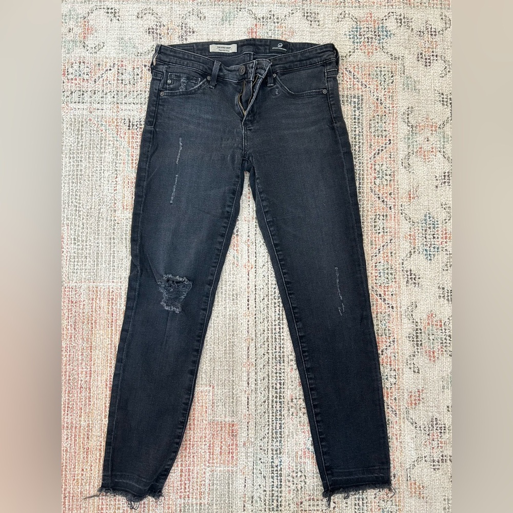 Ag Adriano Goldschmied Washed Black Skinny Jeans with Knee Rips